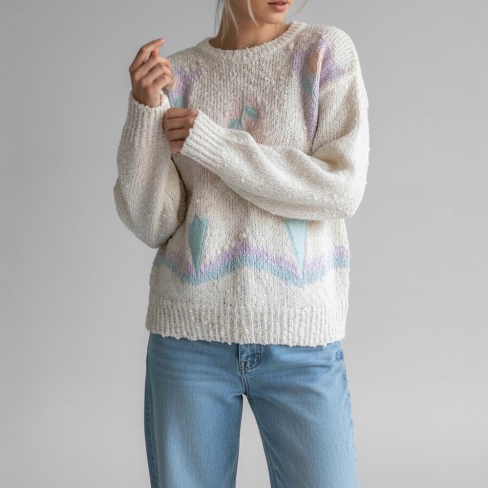 Vintage 80s Coquette Embroidered Sweater Pastel Cottagecore Grandmacore Knit M - Picture 2 of 10